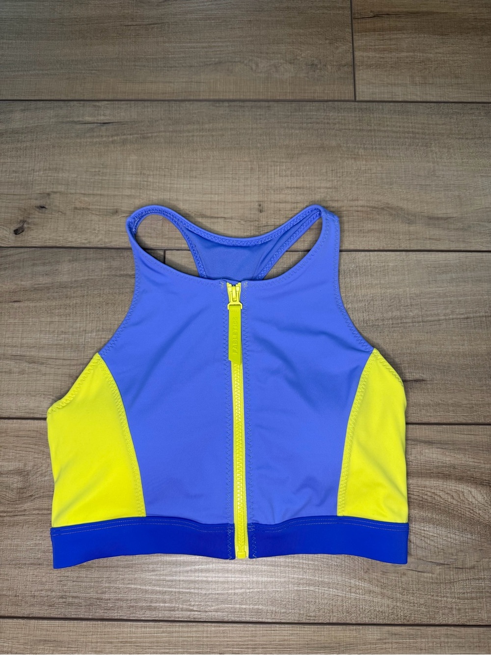 Fabletics Blue and Yellow Front-Zip Sports Bra